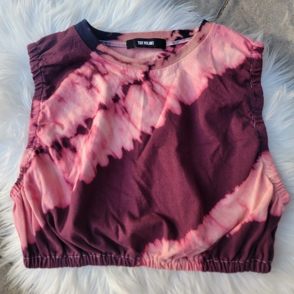 Toit Volant Ruched Crop Tank Top in Bordeaux Pink Tie Dye M